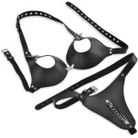 KOŽENÁ SADA BDSM PODPRSENKA S ODHALENÝM POPRSÍM + TANGA S ŘETÍZKEM  - 78728583 - 2