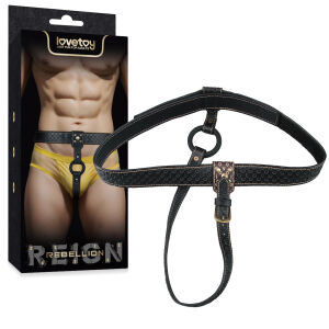 Rebellion regulovaný kožený pás strap-on se zlatými detaily a kroužkem - 75401269