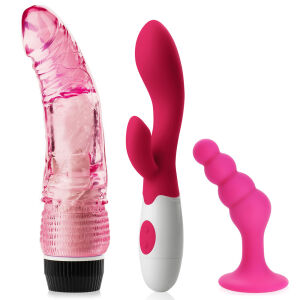 Sada pro ženy: Silikonový vibrátor, vibrační dildo, anální kolík - 74242515