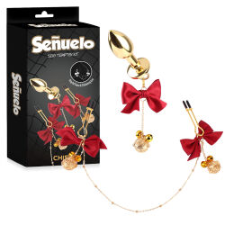 Anální kolík a svorky na bradavky s červenými stužkami - 79050503