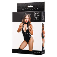 Lesklý Kitti černé body s efektem mokrého vzhledu s hlubokým výstřihem + kočičí uši - 72236586 - 3