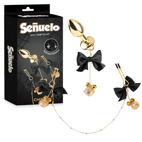 Anální kolík a svorky na bradavky s černými stužkami - 77956562