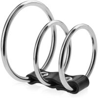 TŘI KOVOVÉ EREKČNÍ KROUŽKY TROJITÝ RING NA PENIS S KOŽENÝM PÁSKEM  - 73126619 - 2