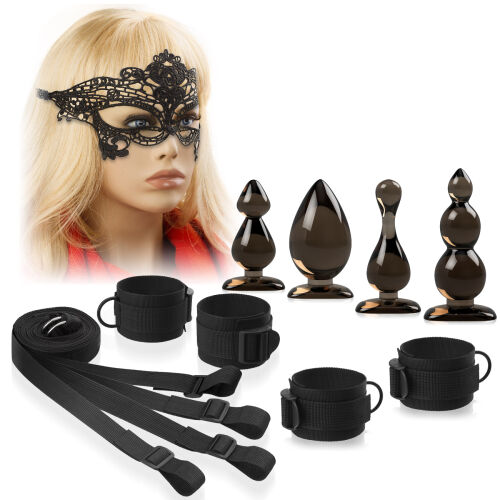 BDSM sada pro páry - pouta, krajková maska, 4 anální kolíky - 73076582