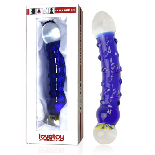 Modré skleněné dildo s výstupky a zdobením 16 cm - 76274108