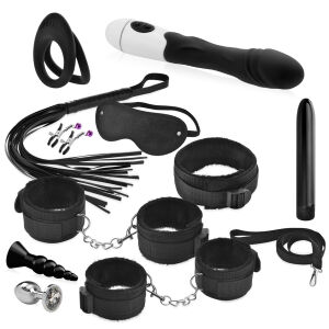 Sada BDSM pro páry - 2 vibrátory, 2 anální zátky, kroužek, pouta - 71453021
