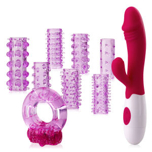 Sada pro páry – vibrátor, 7 návleků na penis, vibrační kroužek - 73085631