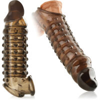 PEVNÝ EREKČNÍ NÁVLEK NA PENIS A VARLATA - PRODLOUŽENÍ O 2 CM - STIMULACE PENISU A VAGÍNY PRŮHLEDNĚ TMAVÝ - 73082236 - 3