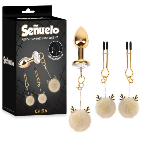 Anální sada s bílým bambulovým kolíkem + svorky na bradavky - 74154152